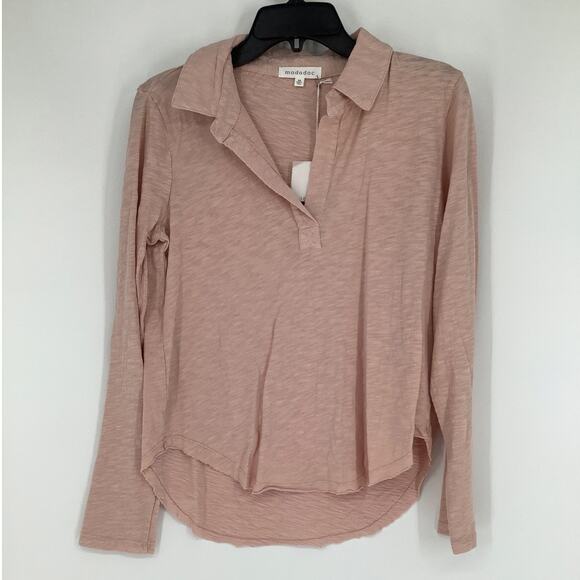 Mododoc Womens XS Pink Peach Slub Jersey Easy Polo Tee Shirt Long Sleeve MM35-7 - Picture 3 of 11